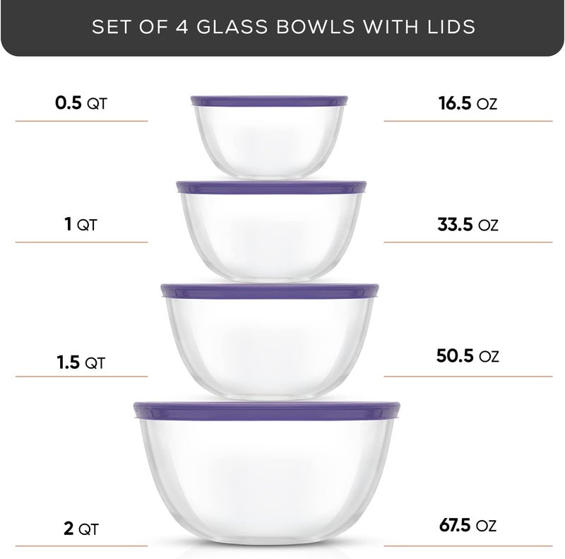 JoyJolt Very Peri 8pc Glass Mixing Bowls with Lids Set - Large Nesting Bowls, 2 Qt, Durable, Dishwasher & Microwave Safe - Image 2
